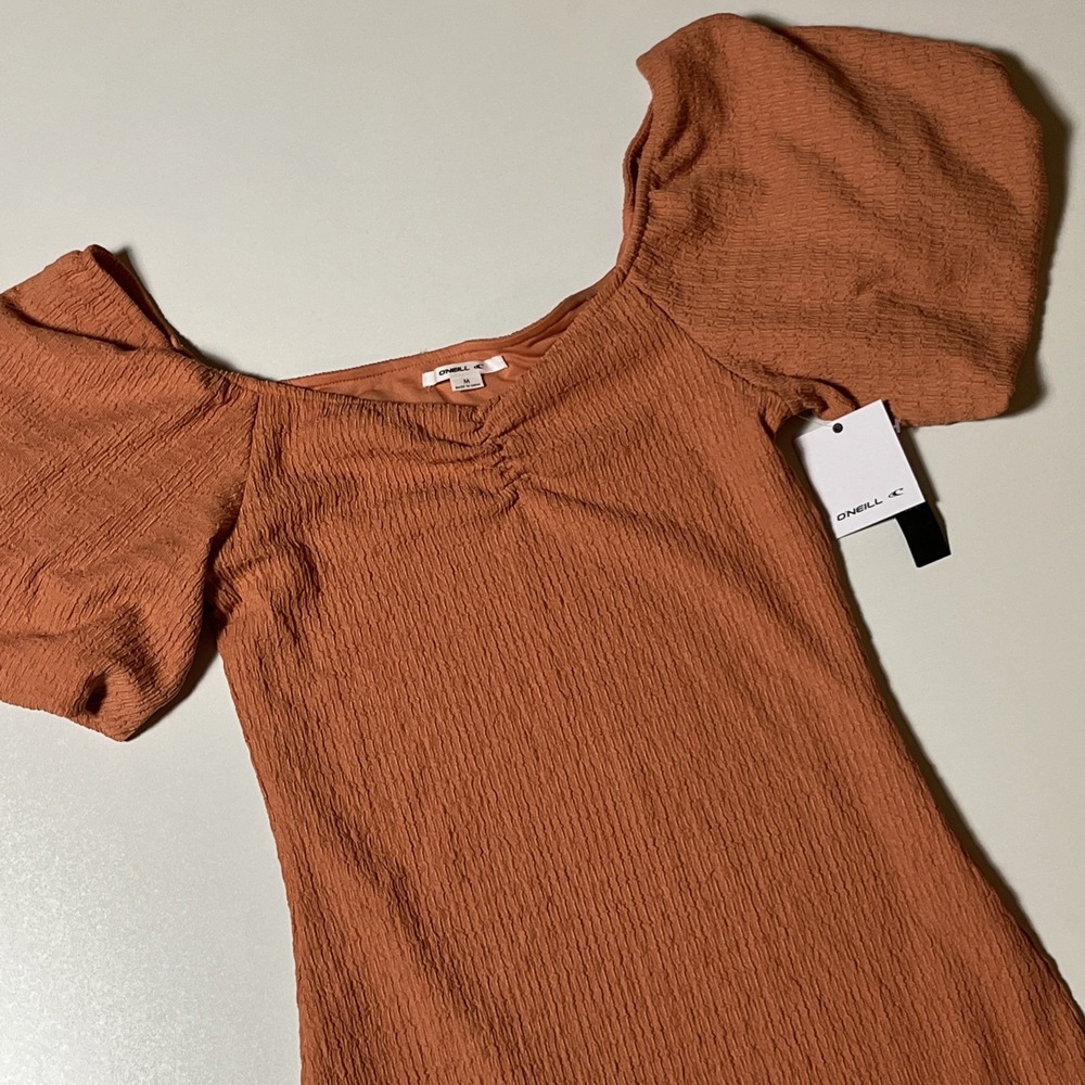 O'Neill Teagan Textured Puff Sleeve Dress Sz M Lt Coral Smocked Beachy Mini NWT